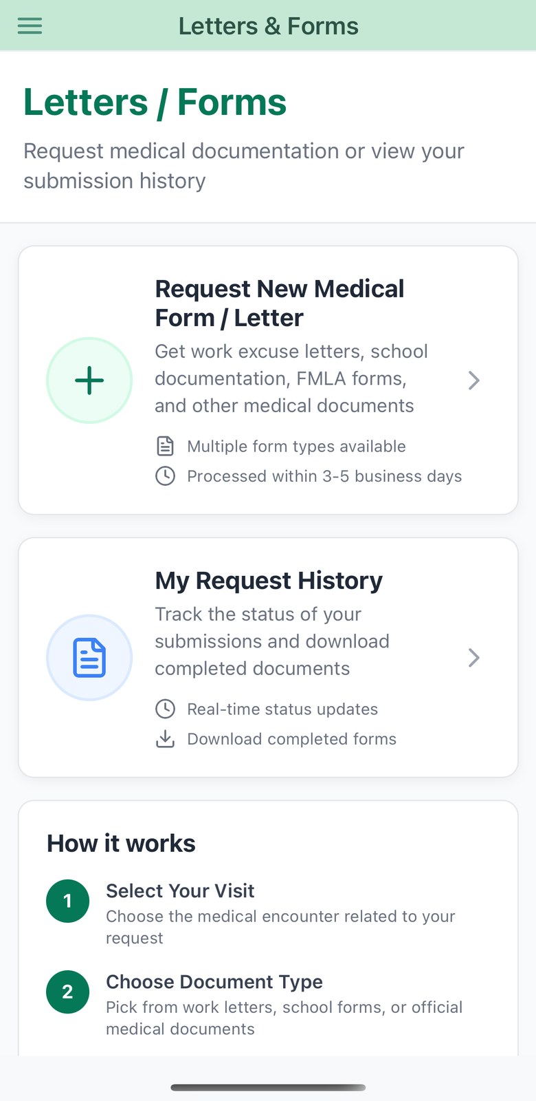 Letters and forms screen with a new request card and request history
