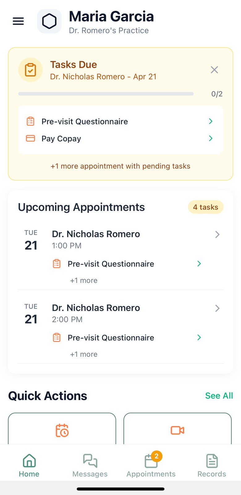 Patient home screen showing outstanding pre-visit tasks and the next two appointments