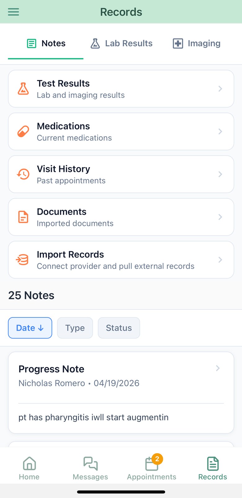 Patient records screen with notes, labs and imaging plus hub cards