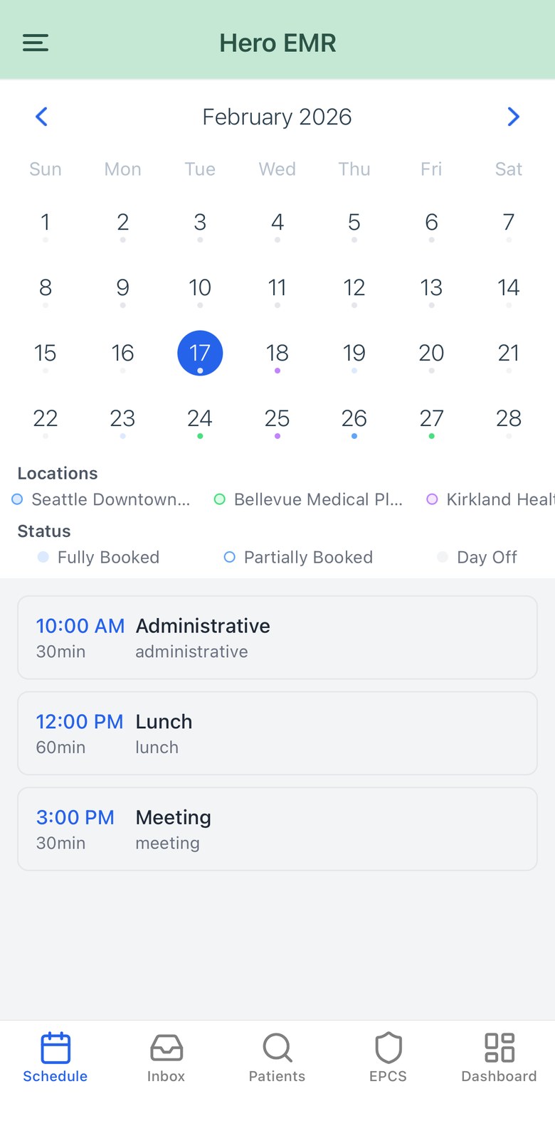 The physician schedule on iPhone: a month calendar with per-location dots above the selected day's agenda