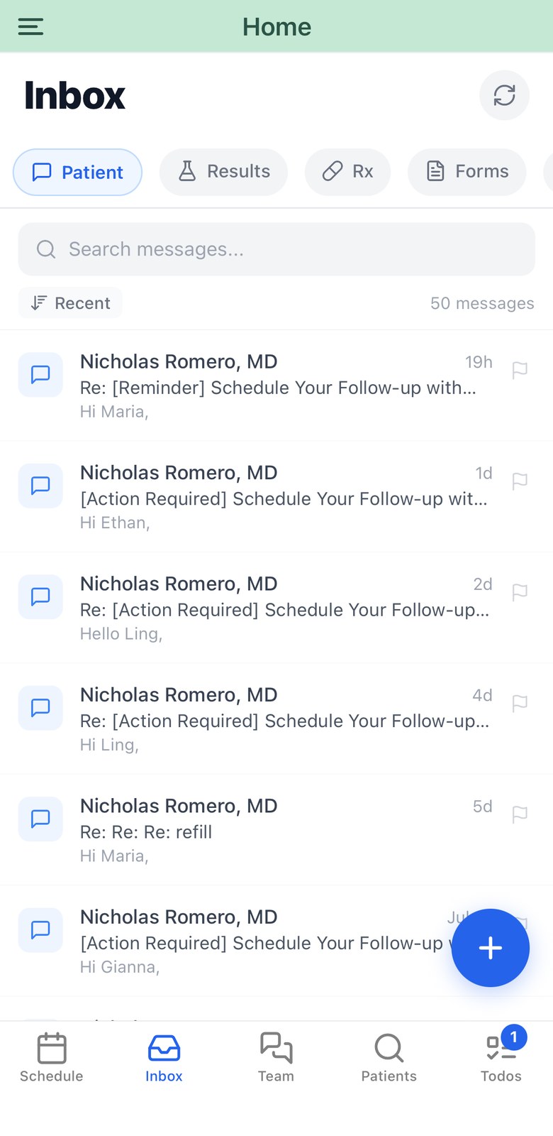 The physician inbox on iPhone with category filter chips and patient message threads