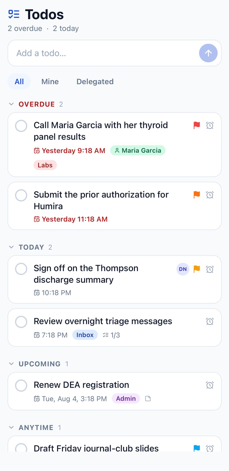 The todo list on iPhone grouped into Overdue, Today, Upcoming and Anytime