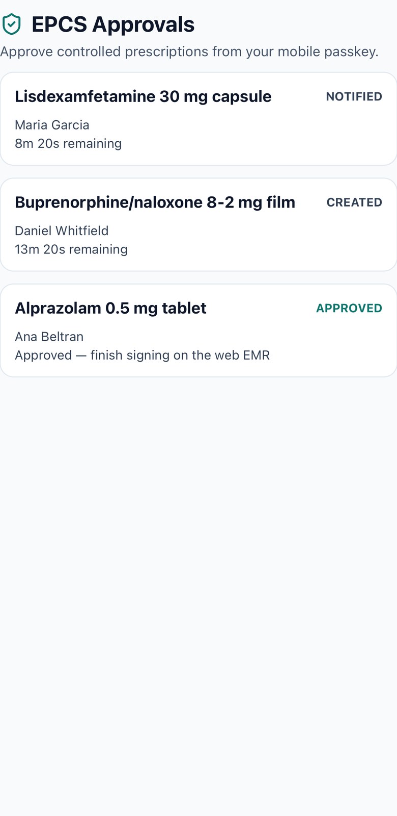 EPCS approvals inbox on iPhone listing three controlled-substance signing requests with status and time remaining