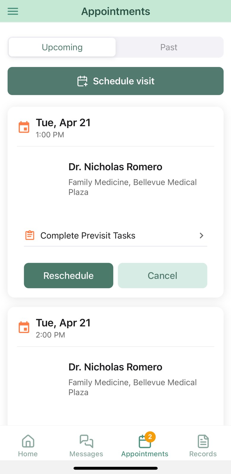 Patient appointments list on iPhone with upcoming visits, a schedule-visit button, previsit tasks and reschedule controls