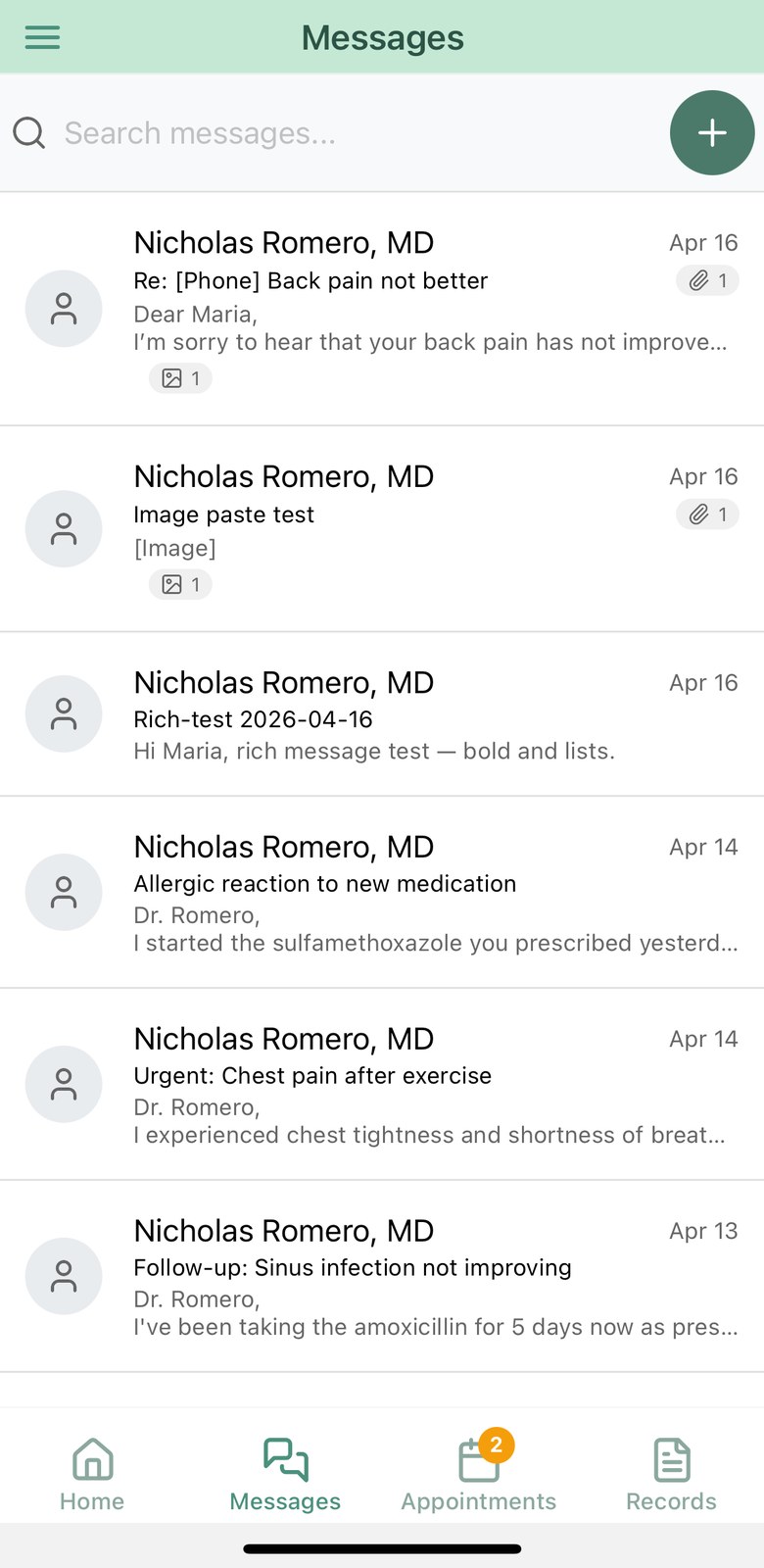 The patient messages list on iPhone showing conversation threads with the care team