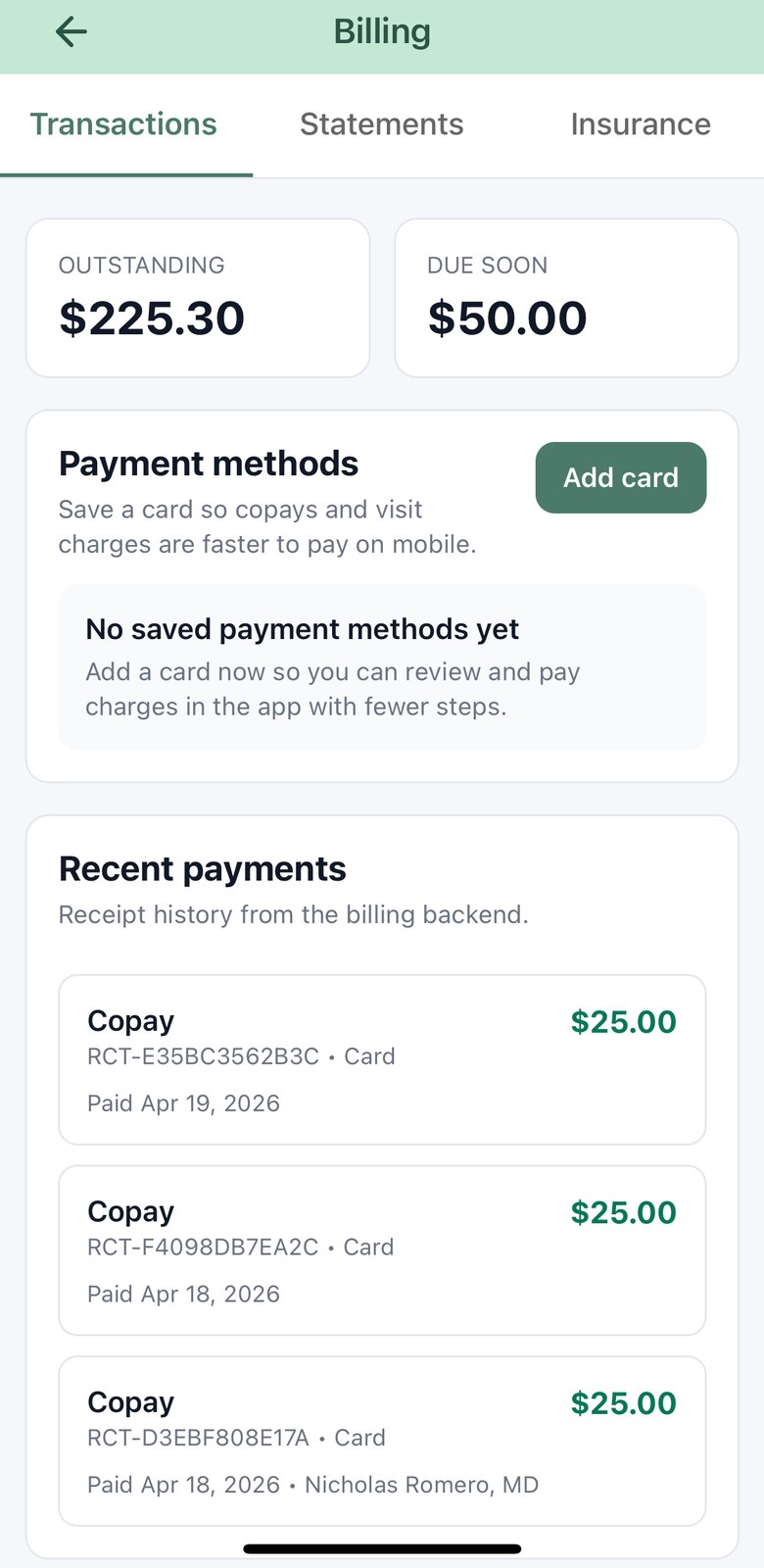 Patient billing screen on iPhone showing the outstanding balance, amount due soon, payment methods and recent receipts