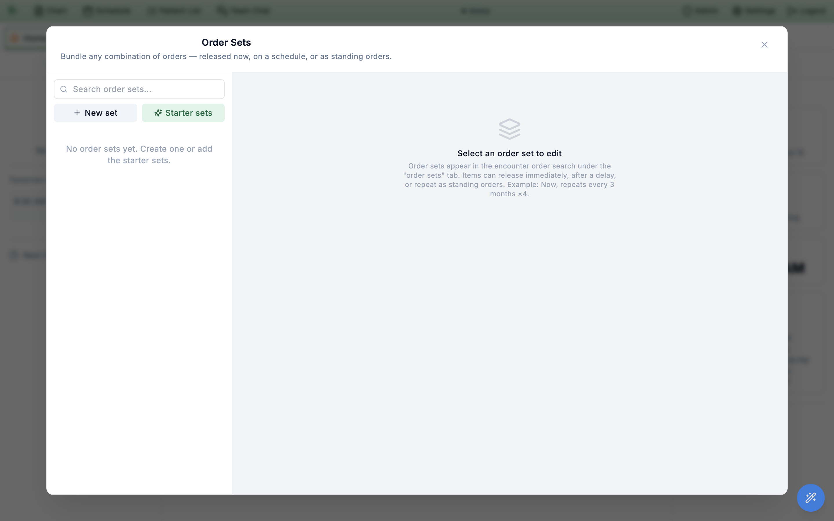 The Order Sets settings modal in its empty state, subtitled Bundle any combination of orders — released now, on a schedule, or as standing orders, with a search box, a New set button, and a Starter sets button on the left, the message No order sets yet. Create one or add the starter sets, and a right pane reading Select an order set to edit