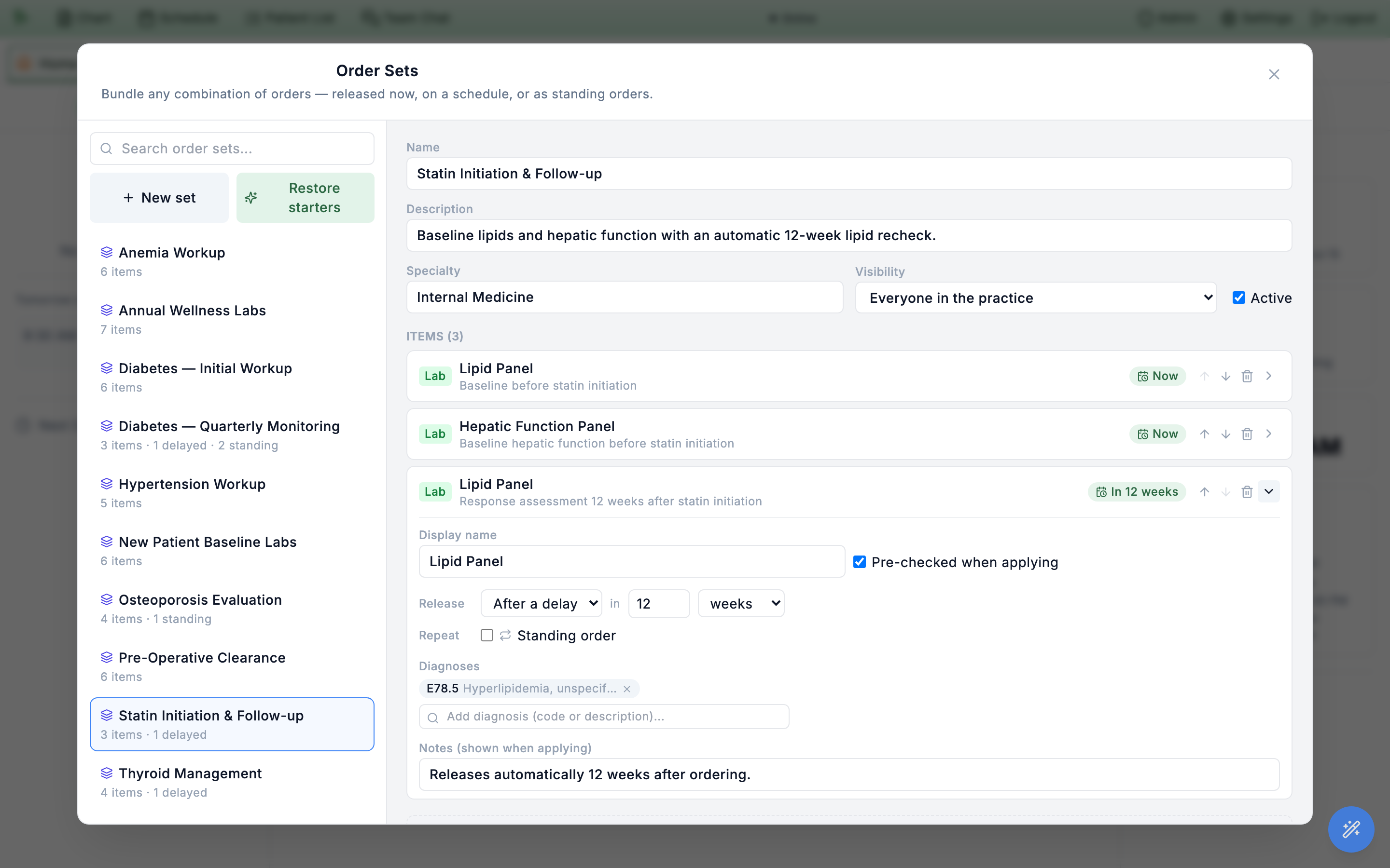The Order Sets editor with a Lipid Panel item expanded, showing a Display name field, a Pre-checked when applying checkbox, a Release control set to After a delay in 12 weeks, a Standing order repeat toggle, a diagnosis chip E78.5 Hyperlipidemia, and a Notes field reading Releases automatically 12 weeks after ordering