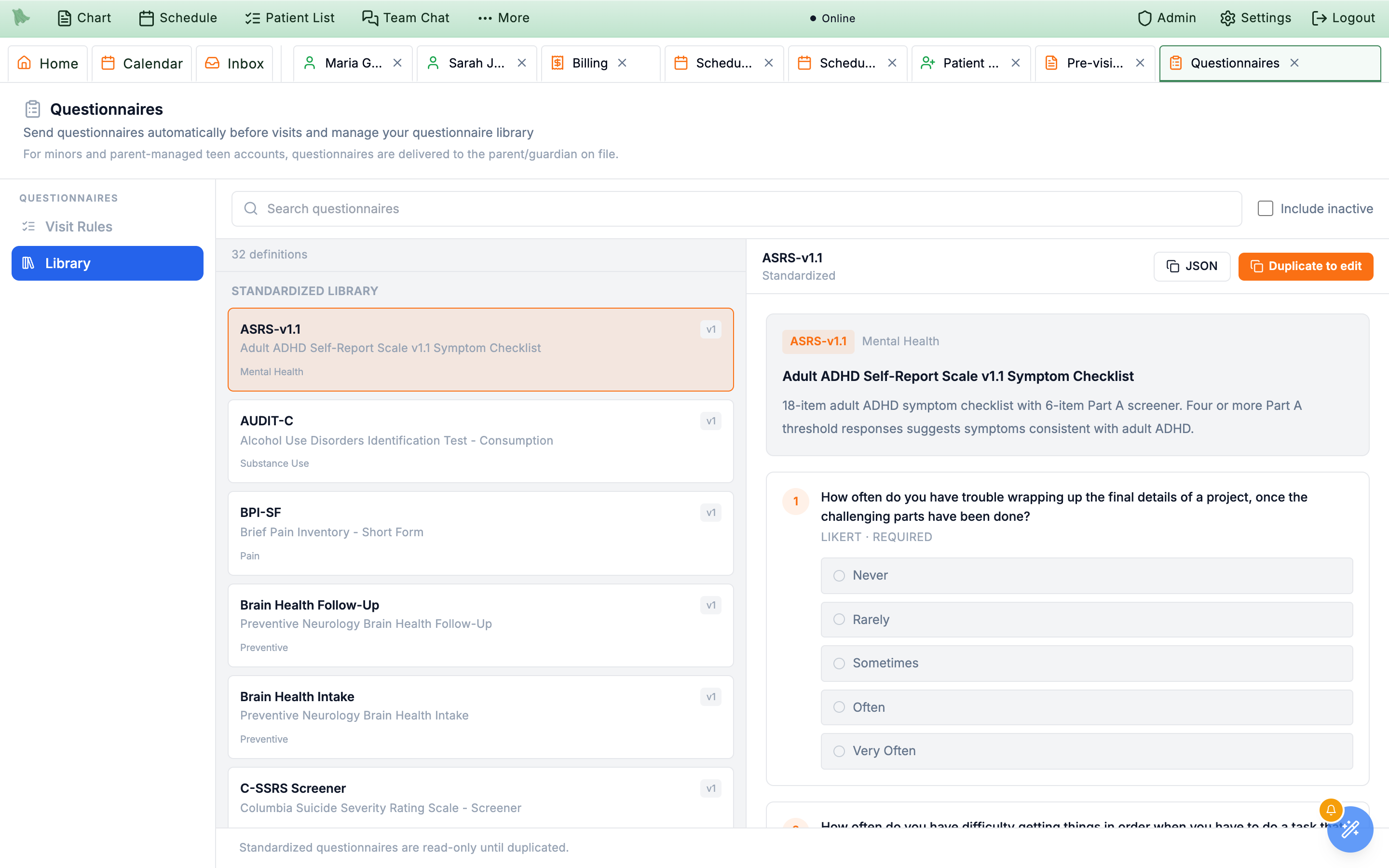 Library view of the Questionnaires workspace with ownership groups in the sidebar and a question preview in the main pane