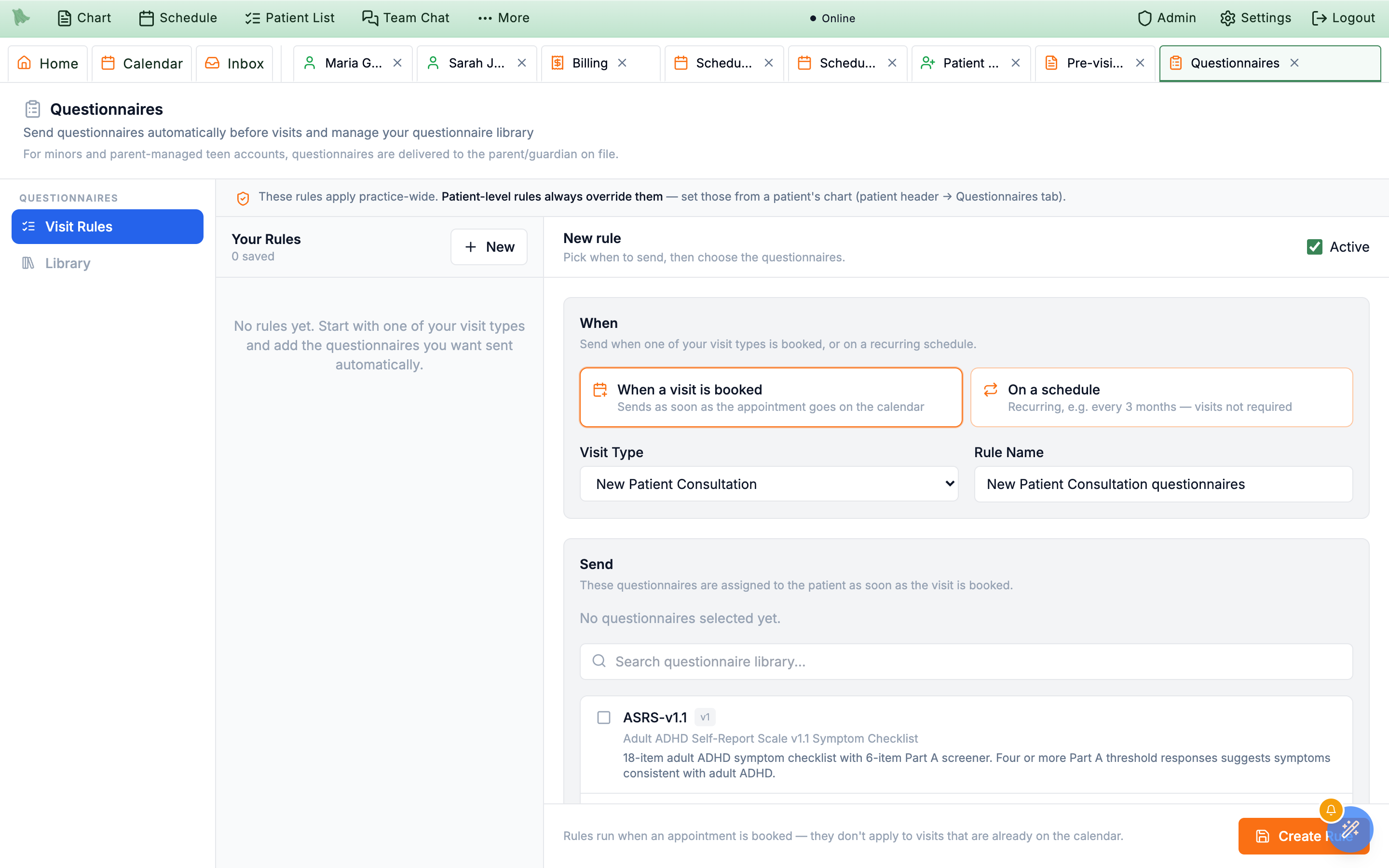 Visit Rules view with a rule list on the left and the When, visit type, questionnaire, and filter sections on the right