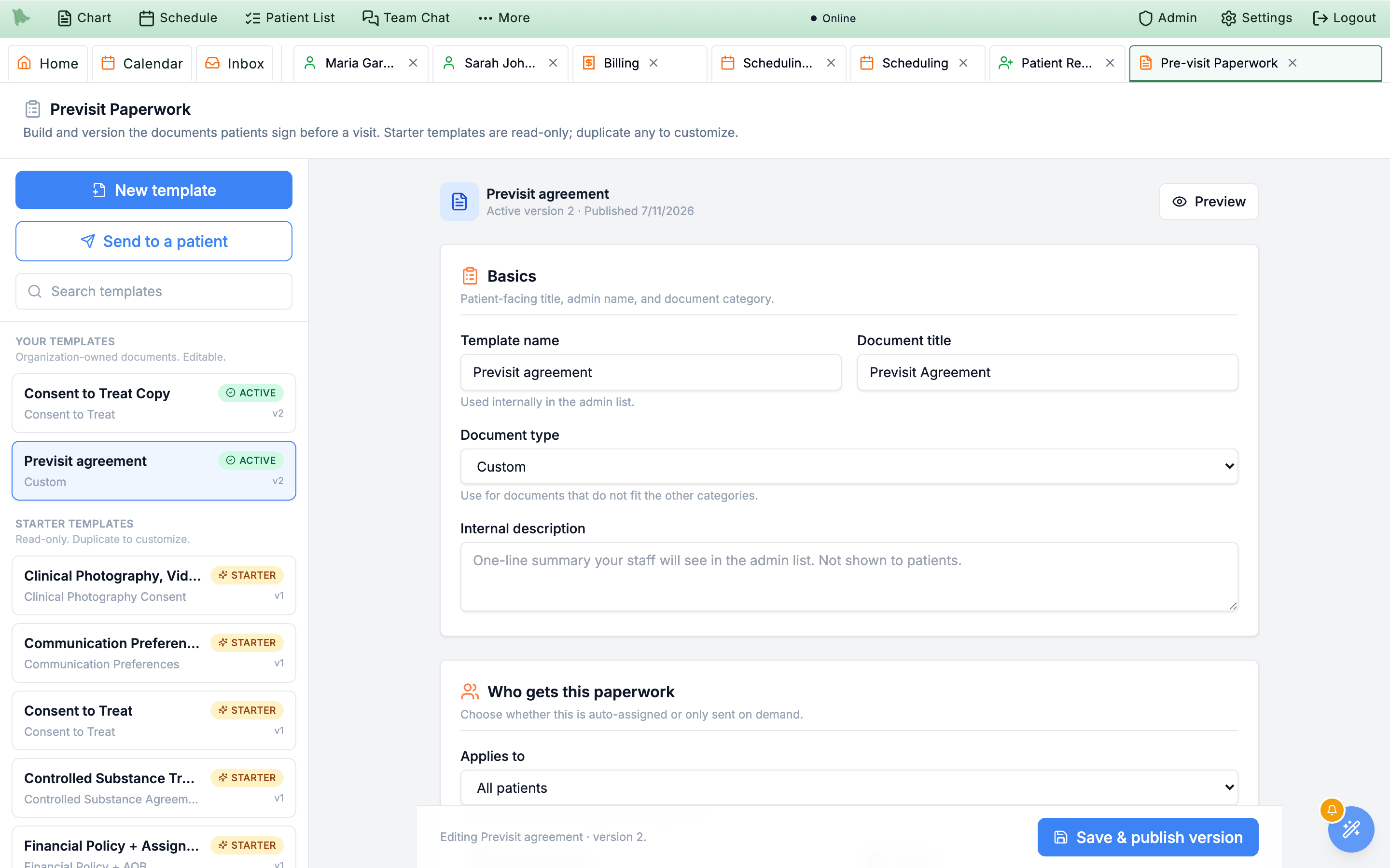 Previsit Paperwork manager with the Your templates and Starter templates sections in the sidebar and the editor in the main pane