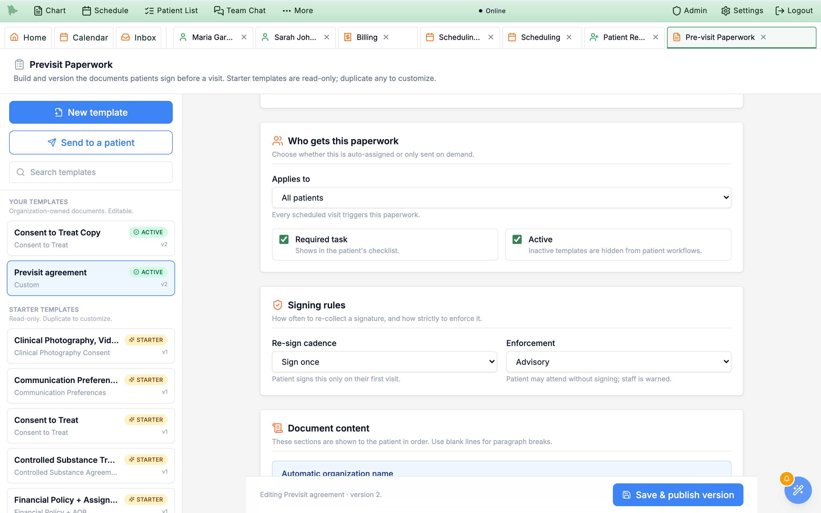 Who gets this paperwork card with the Applies to dropdown and a Specific visit types checklist