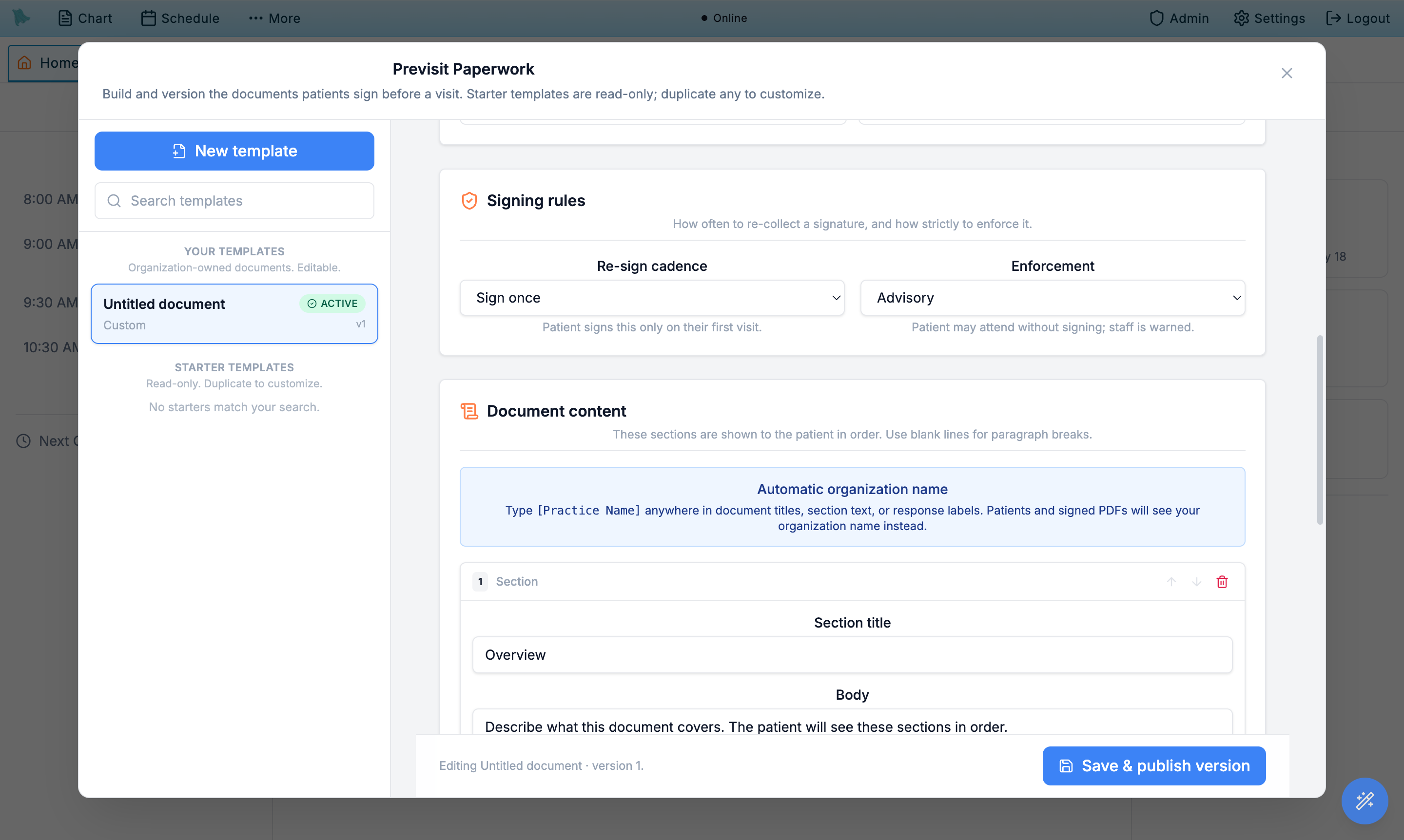 Signing rules section with re-sign cadence and enforcement dropdowns