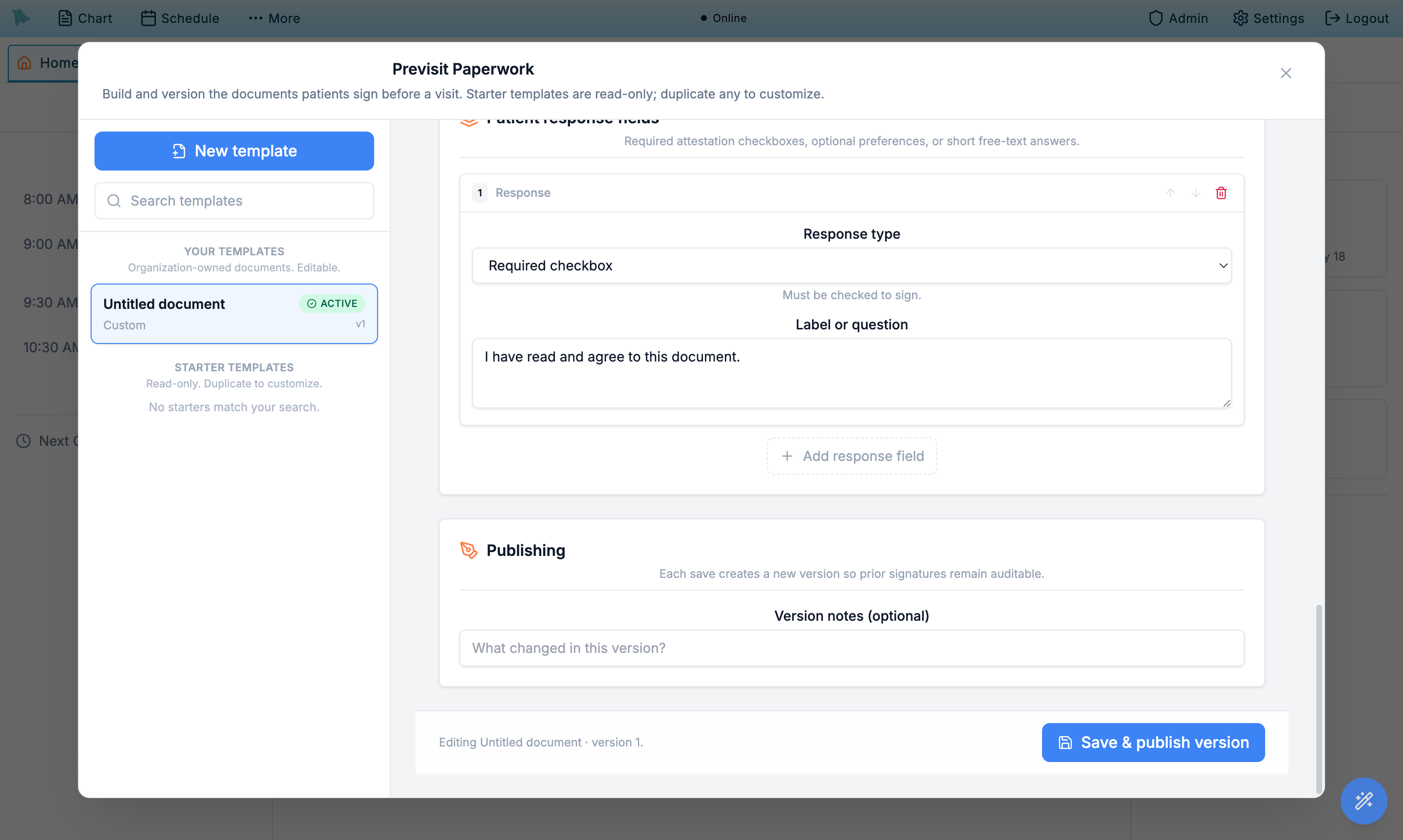Publishing card with a version notes input and the Save and publish version button in the sticky footer
