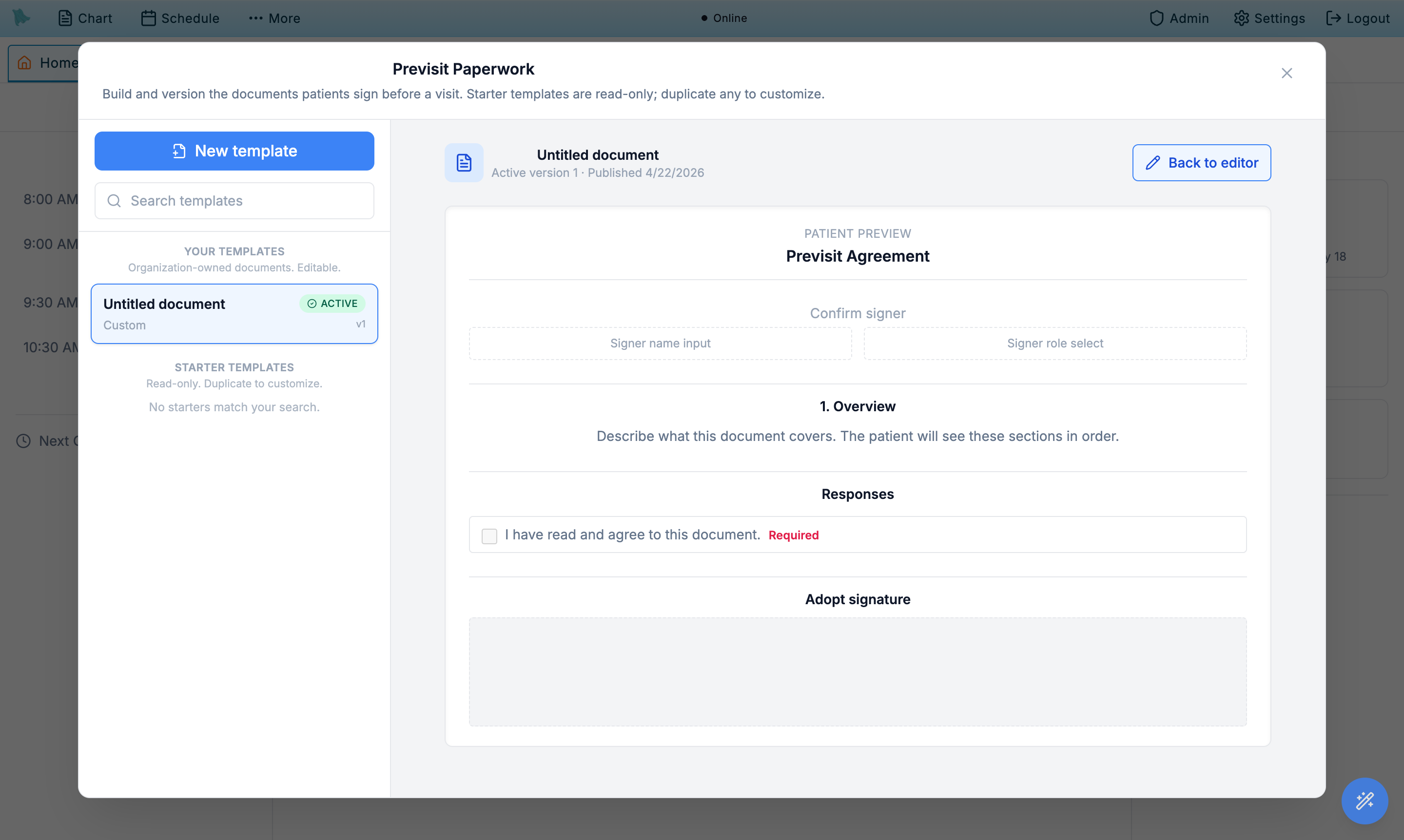 Patient preview of a previsit paperwork document showing the signer block, an Overview section, a Responses checkbox, and the Adopt signature area