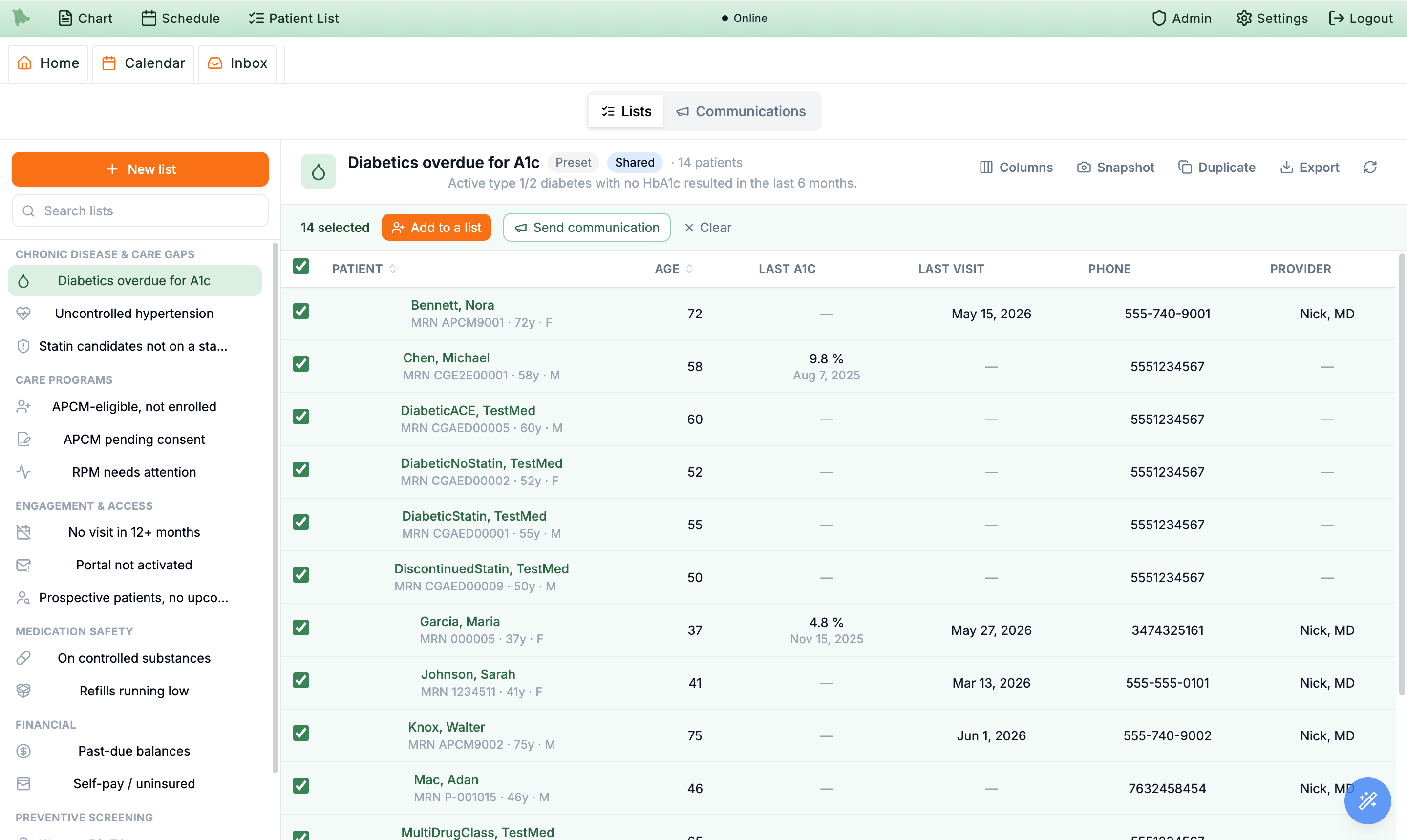 Patient list with rows selected and the bulk action bar showing 14 selected, Add to a list, Send communication, and Clear