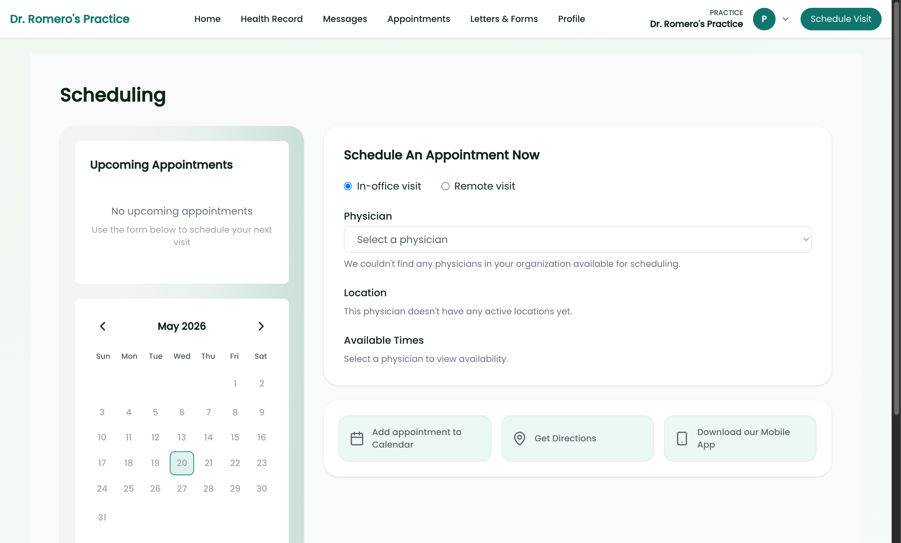 The patient portal schedule-a-visit flow where the patient picks a physician and an available time slot