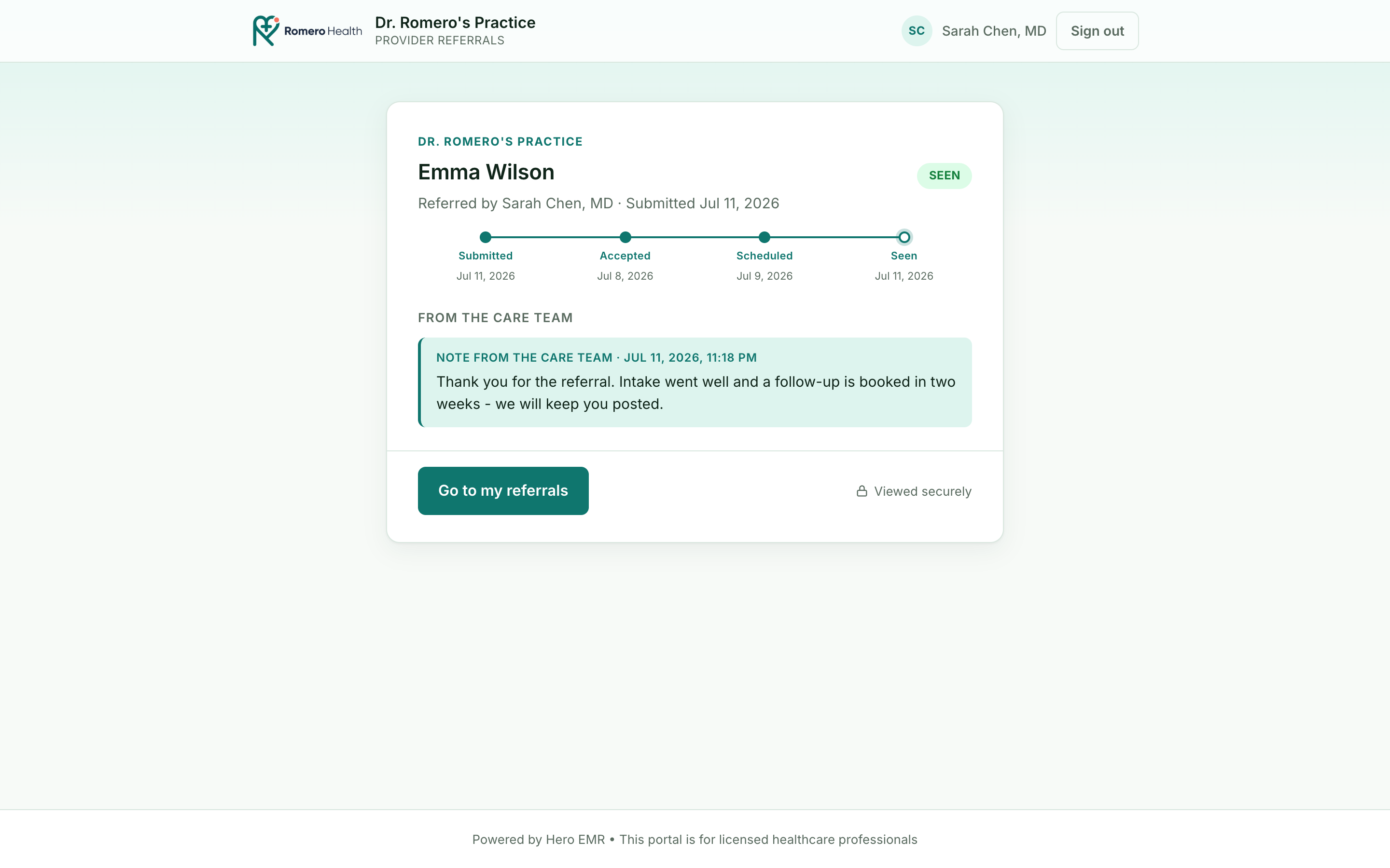 The secure status page for Emma Wilson marked SEEN, headed with the clinic name and Referred by Sarah Chen MD, showing a Submitted-Accepted-Scheduled-Seen timeline with dates, a From the care team note reading thank you for the referral, intake went well and a follow-up is booked in two weeks, a Go to my referrals button, and a Viewed securely lock indicator