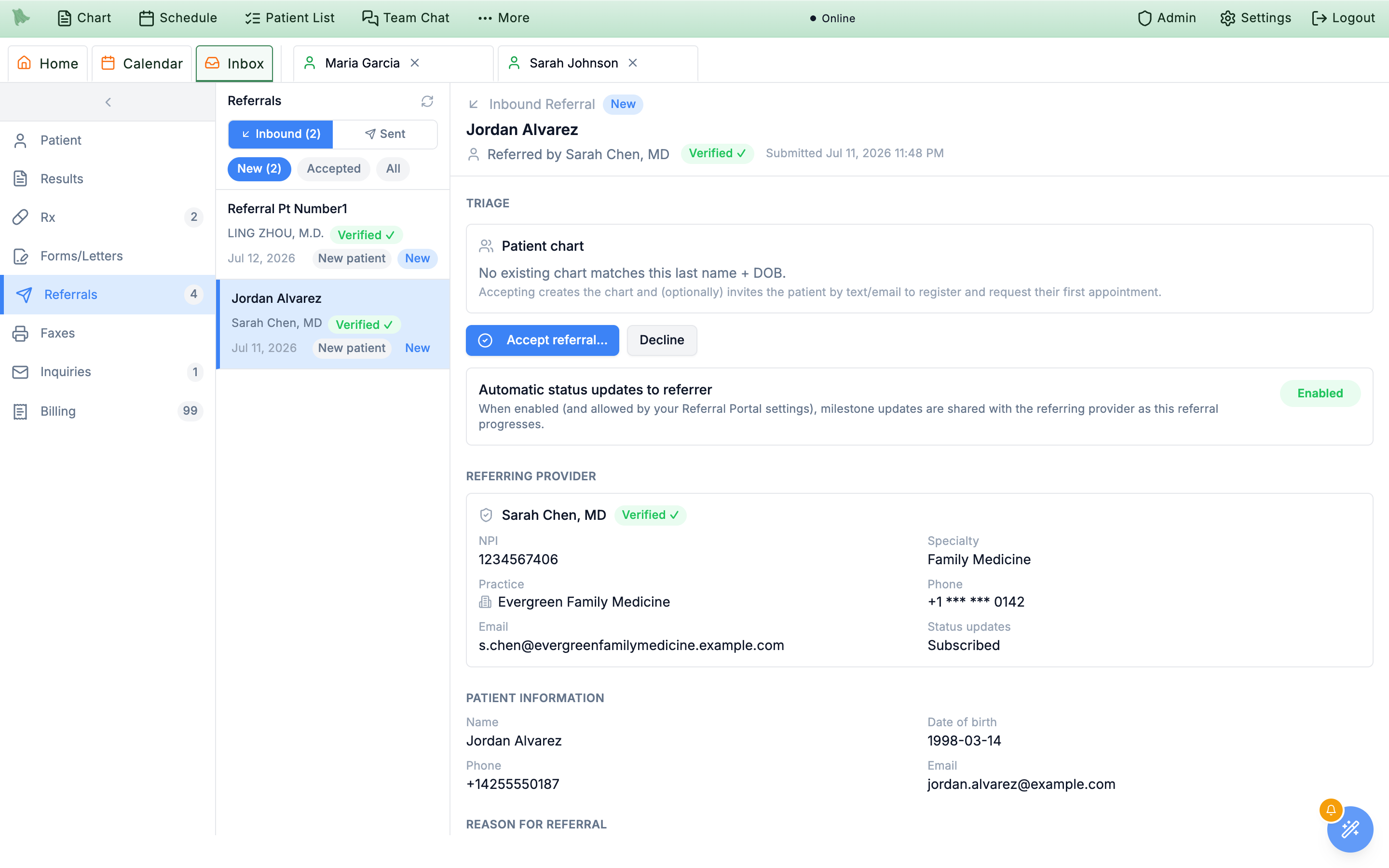 The Inbox on the Inbound Referrals view: a list of incoming referrals on the left with Jordan Alvarez selected, and a triage detail pane on the right showing the referring provider's name and a verification badge, suggested matching patient charts with link controls, the referral's clinical reason, and Accept and Decline buttons