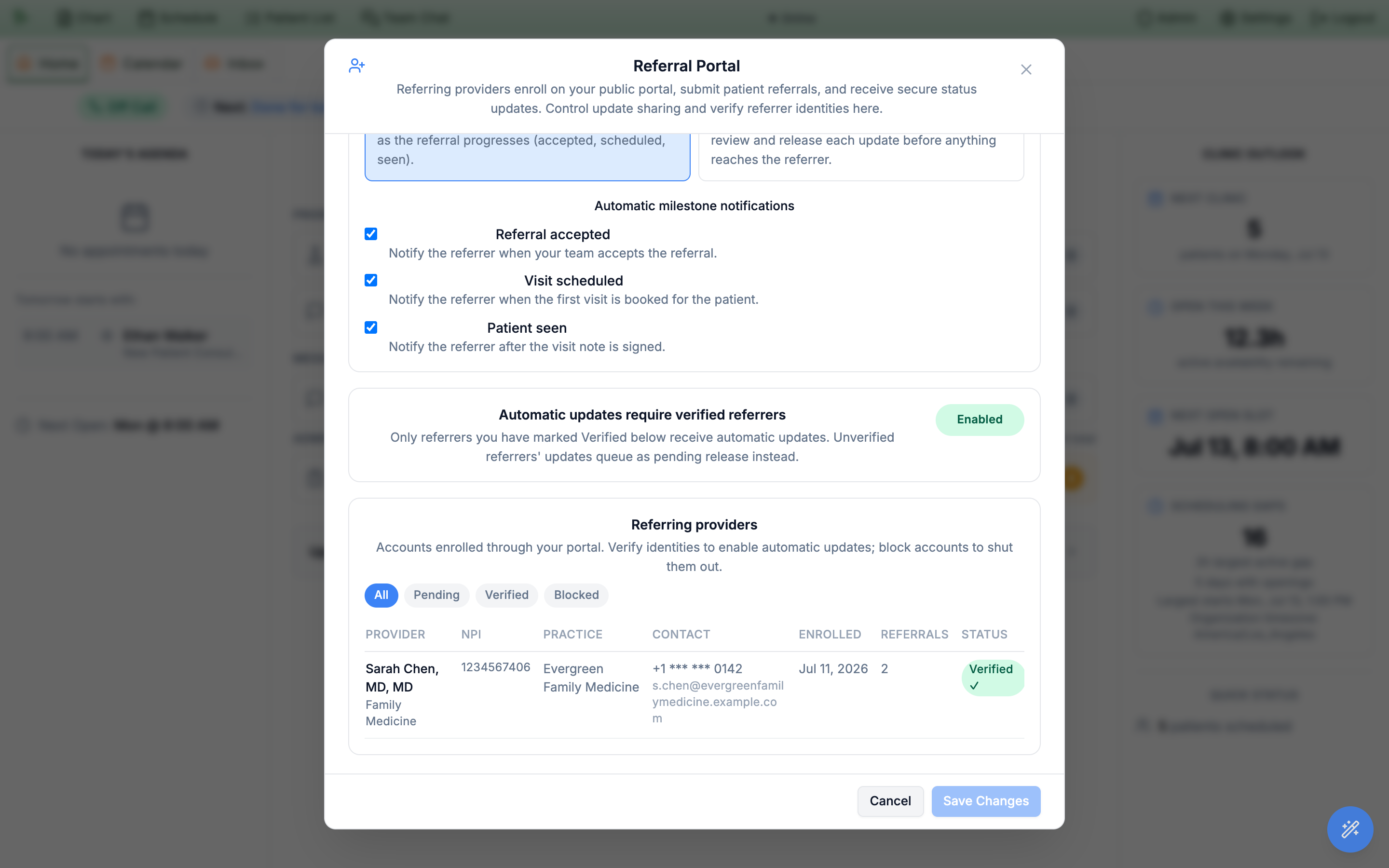 The lower half of the Referral Portal admin dialog: a Referring providers directory of accounts enrolled through the portal, with All / Pending / Verified / Blocked filter tabs and Sarah Chen, MD listed with a Verified badge and a Block control