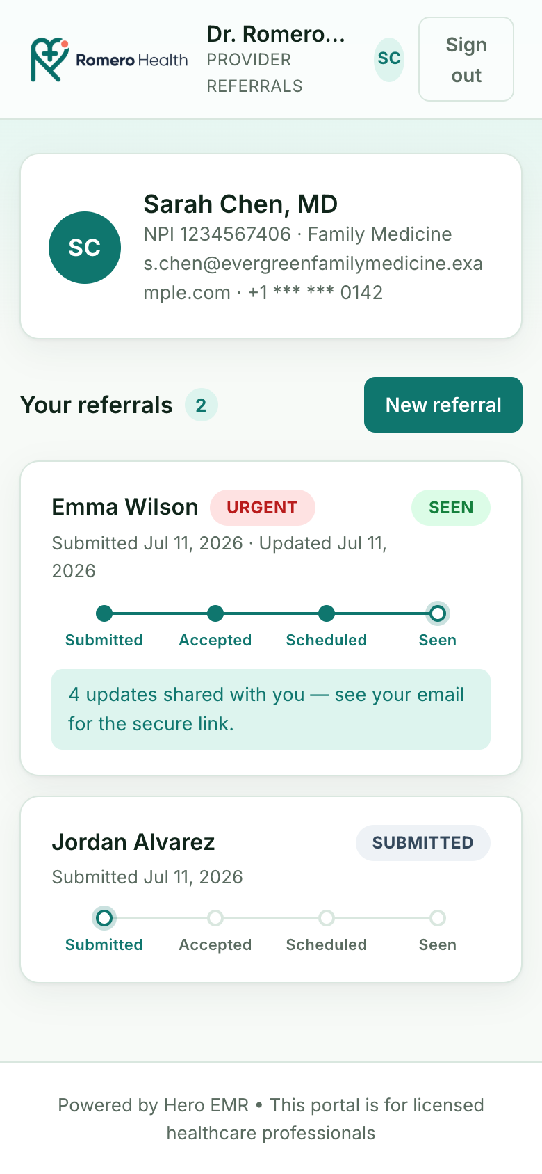 The referring-provider portal on a narrow phone screen, showing Dr. Romero's Practice branding and a referrer's signed-in home with the Emma Wilson and Jordan Alvarez referral cards and their status timelines stacked vertically