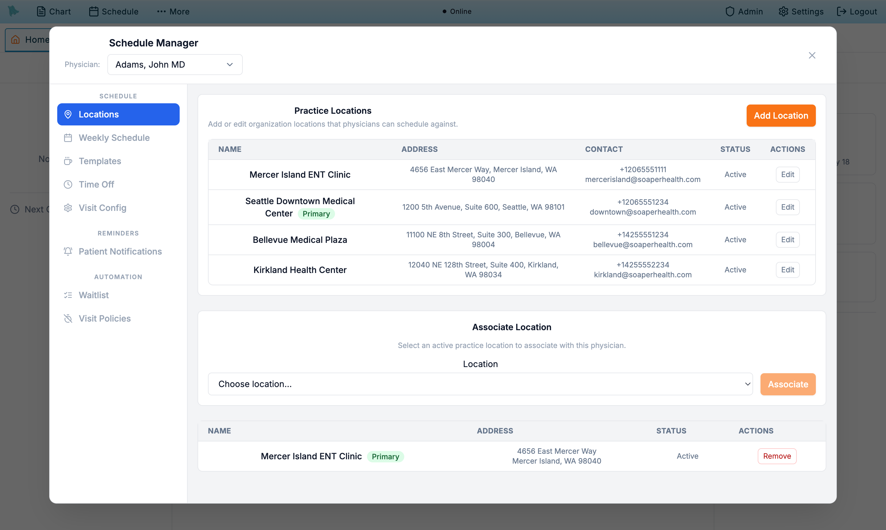 Locations tab in Schedule Manager showing practice locations and physician location associations