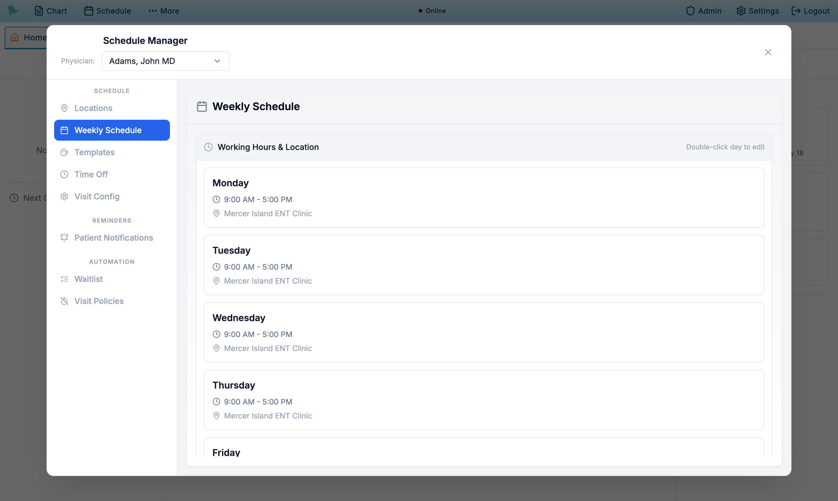 Weekly Schedule tab showing 9 AM to 5 PM hours Monday through Friday at Mercer Island ENT Clinic