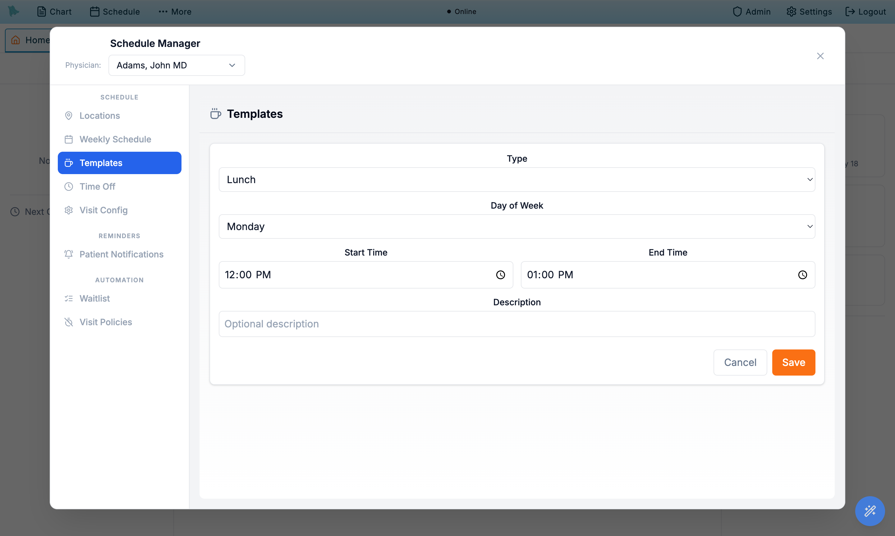 Templates tab with the Add Template form showing type, day, start time, end time, and description fields