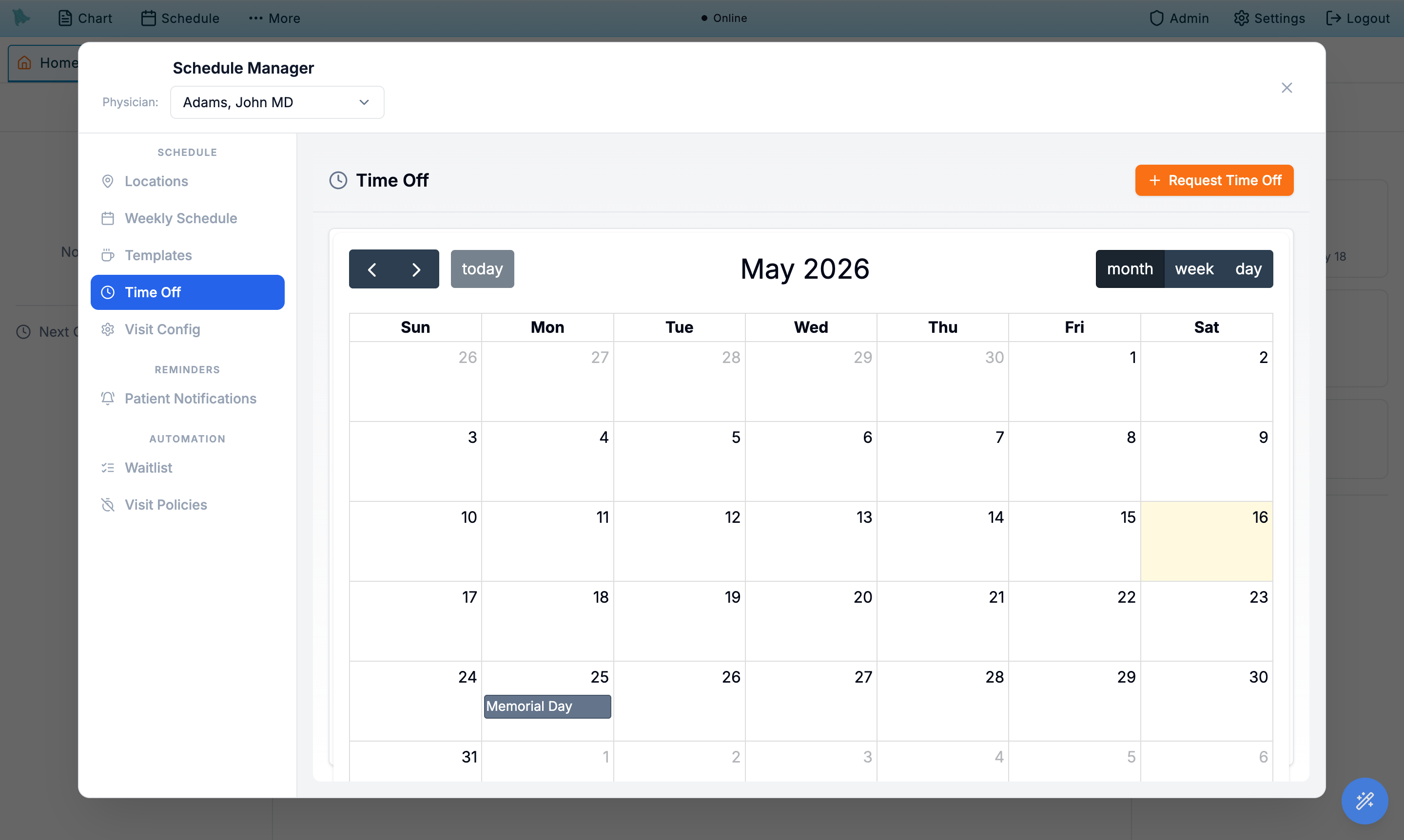 Time Off tab showing a monthly calendar with the Memorial Day holiday and a Request Time Off button