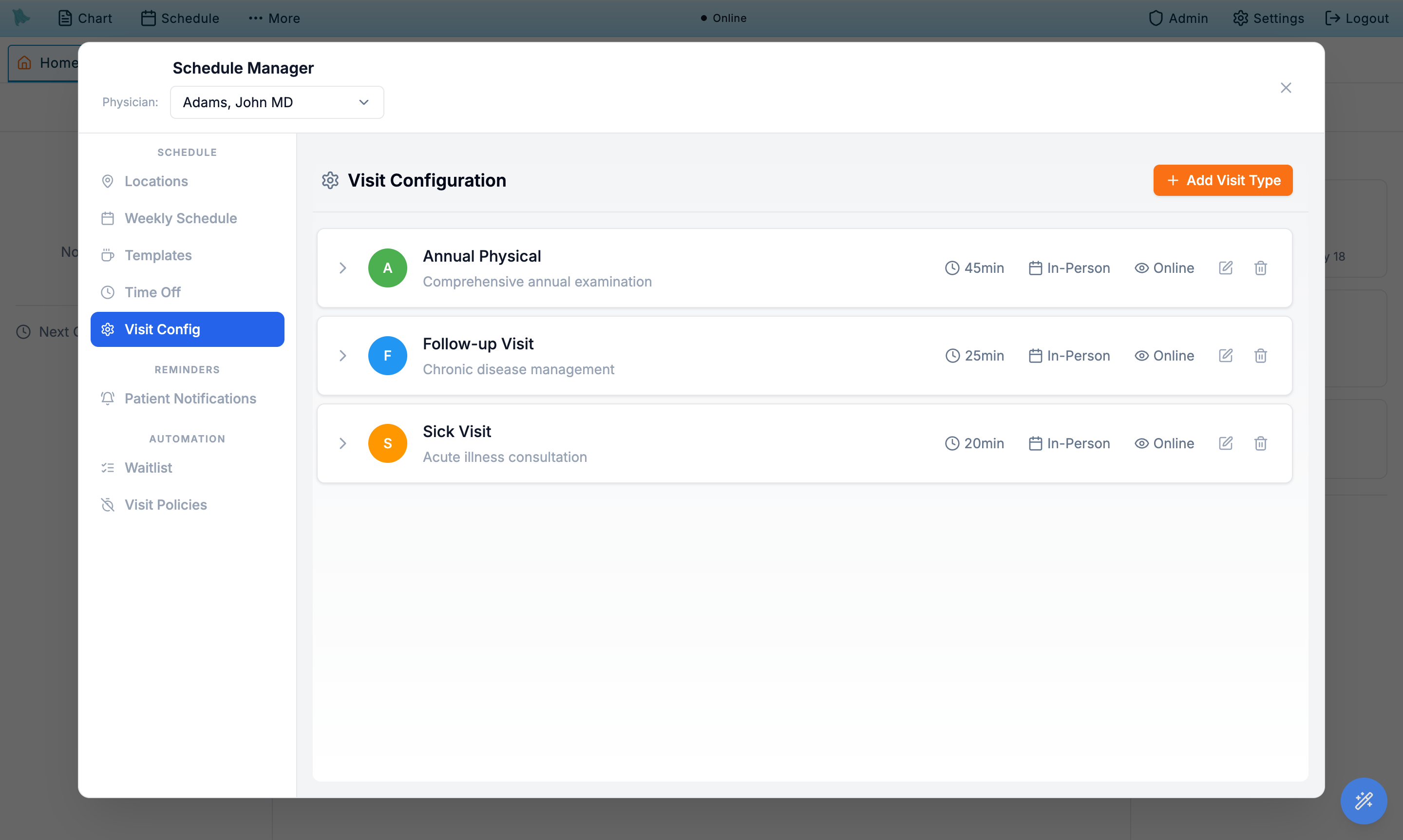 Visit Configuration tab listing Annual Physical, Follow-up Visit, and Sick Visit cards with duration and modality