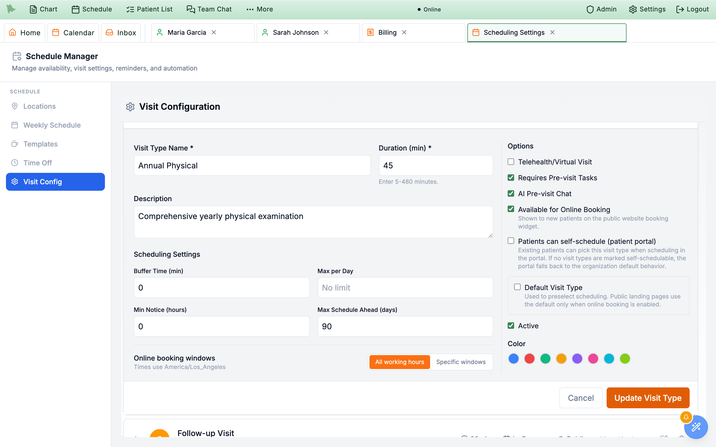 The inline editor for the existing Annual Physical visit type, with Visit Type Name, Duration, Description, Scheduling Settings, Online booking windows, an Options column of checkboxes, a color row, and an Update Visit Type button — and no Encounter Type select, because that is fixed at creation