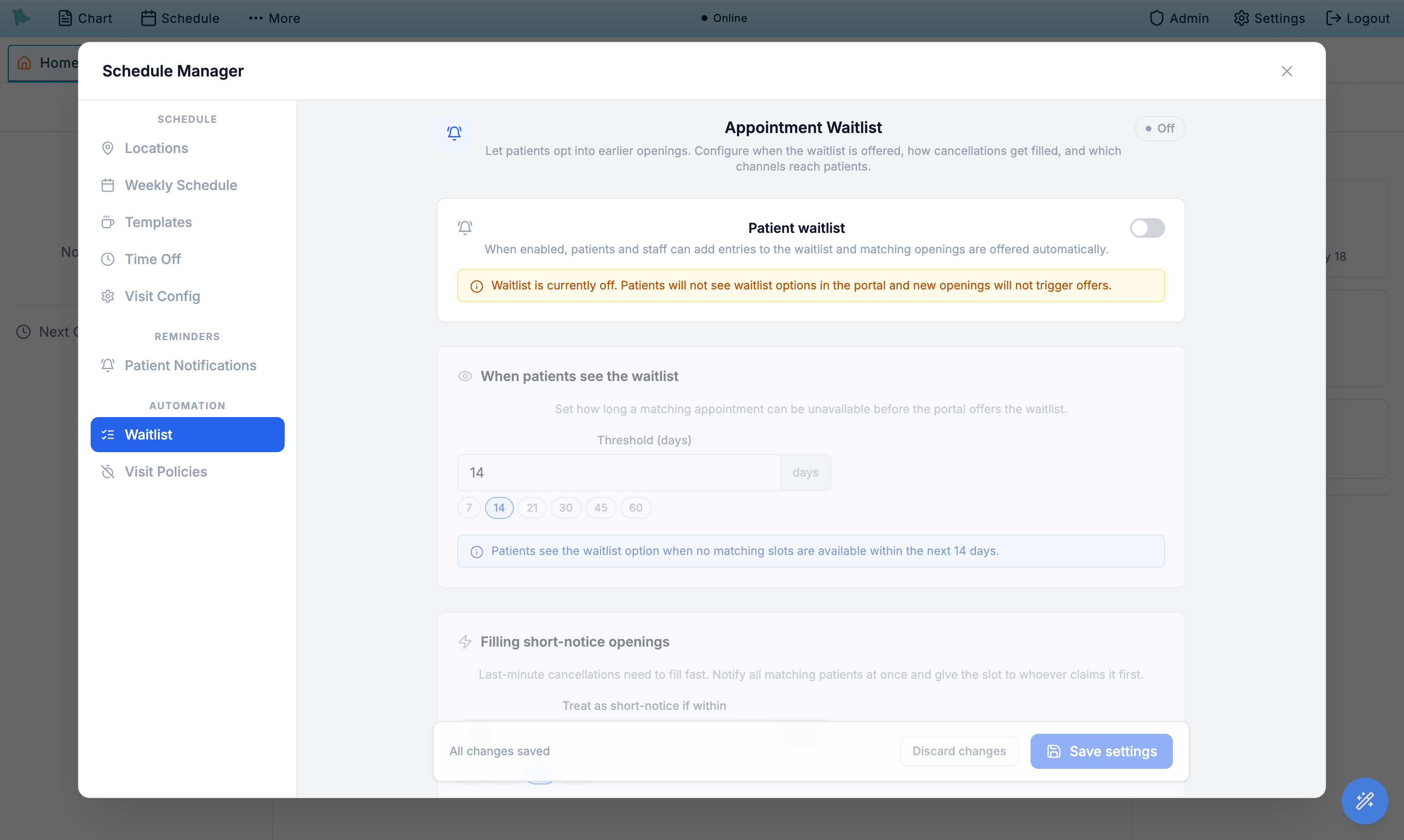 Waitlist settings showing the master toggle, threshold, short-notice fan-out, cohort sizing, channels, and lifecycle