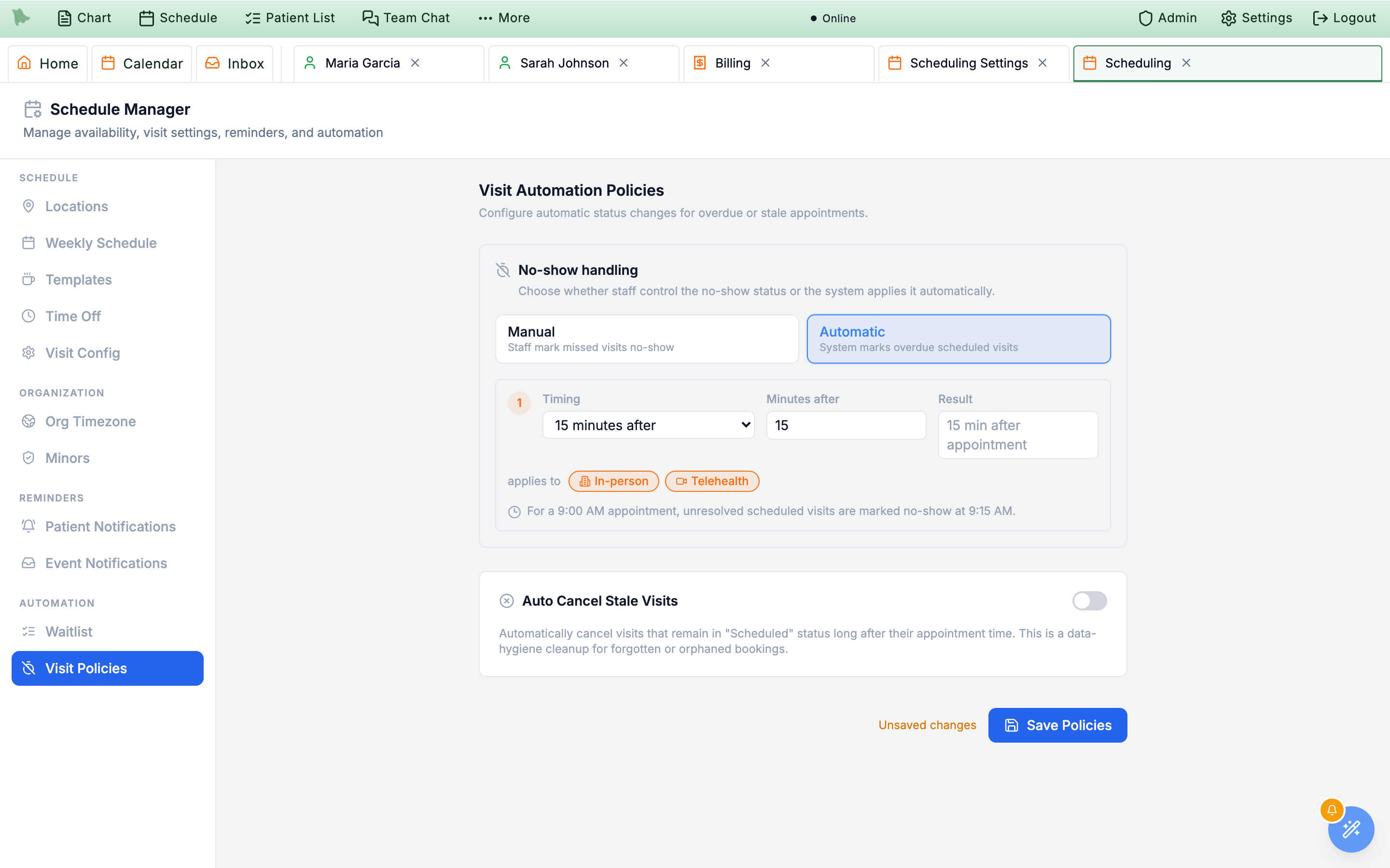 Visit Automation Policies with Automatic selected on the No-show handling mode cards, which reveals the Timing preset set to 15 minutes after, a Minutes after field of 15, a Result box reading 15 min after appointment, and the applies-to In-person and Telehealth chips; below it the Auto Cancel Stale Visits card is toggled off, and an amber Unsaved changes label sits beside Save Policies
