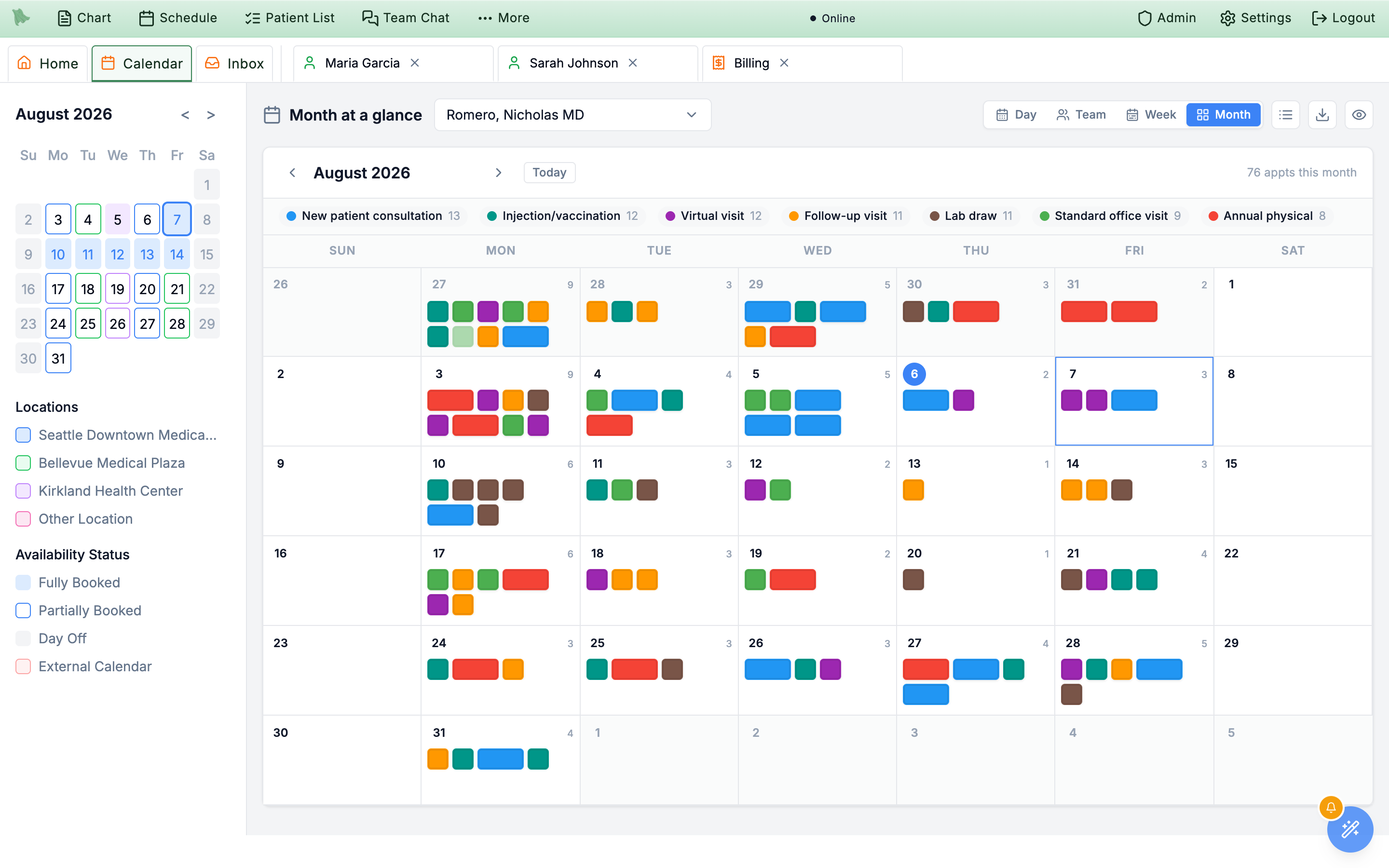 Calendar month view showing a six-week grid with each appointment as a duration-shaped box colored by visit type