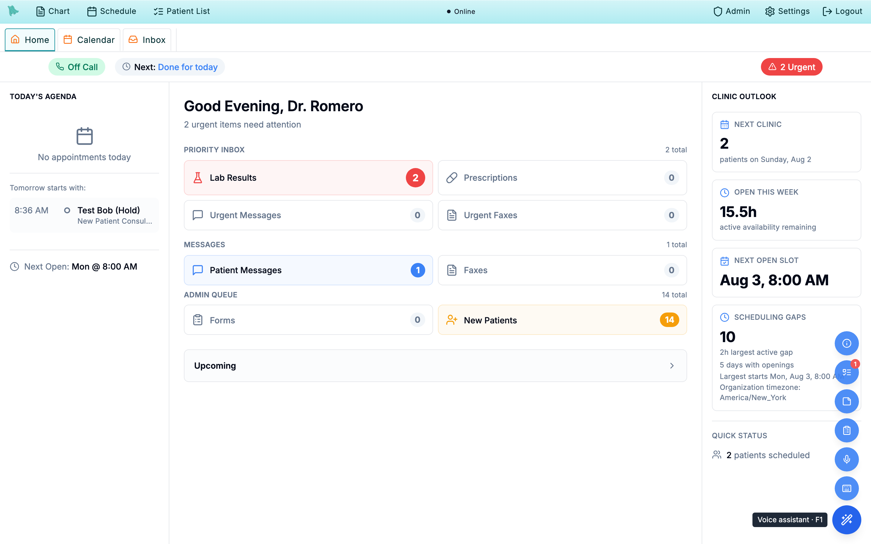 The Hero EMR home dashboard with the magic-wand button hovered in the bottom-right corner, revealing a labelled menu of assistant actions; the Todo list row carries a red badge showing 1 and its shortcut chip, and a tooltip on the wand reads Voice assistant F1